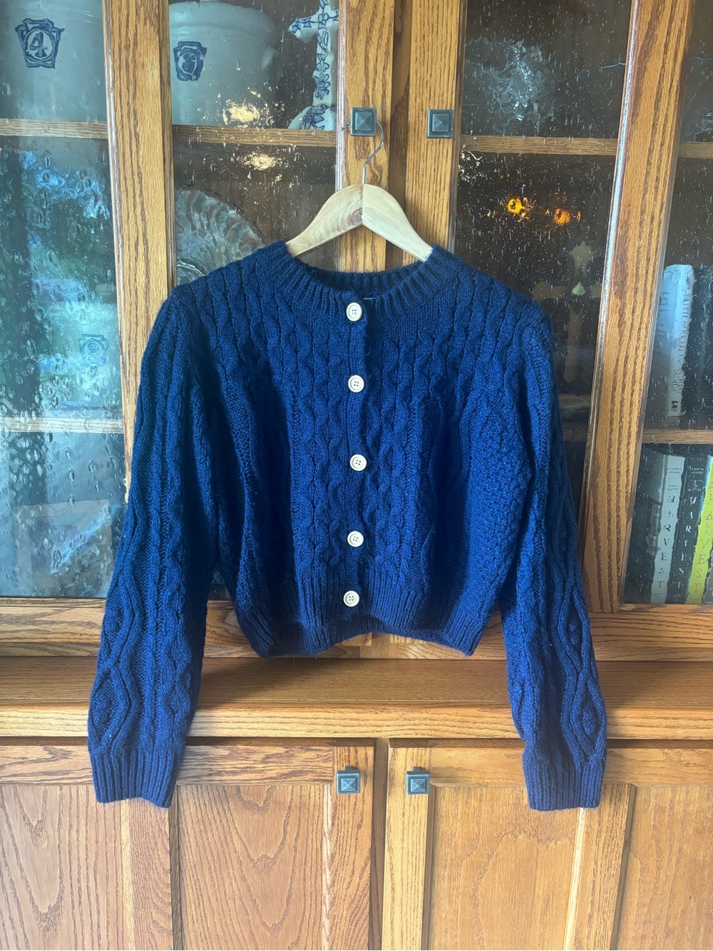 Neuflora Classic Navy Cable Knit Button-Front Sweater